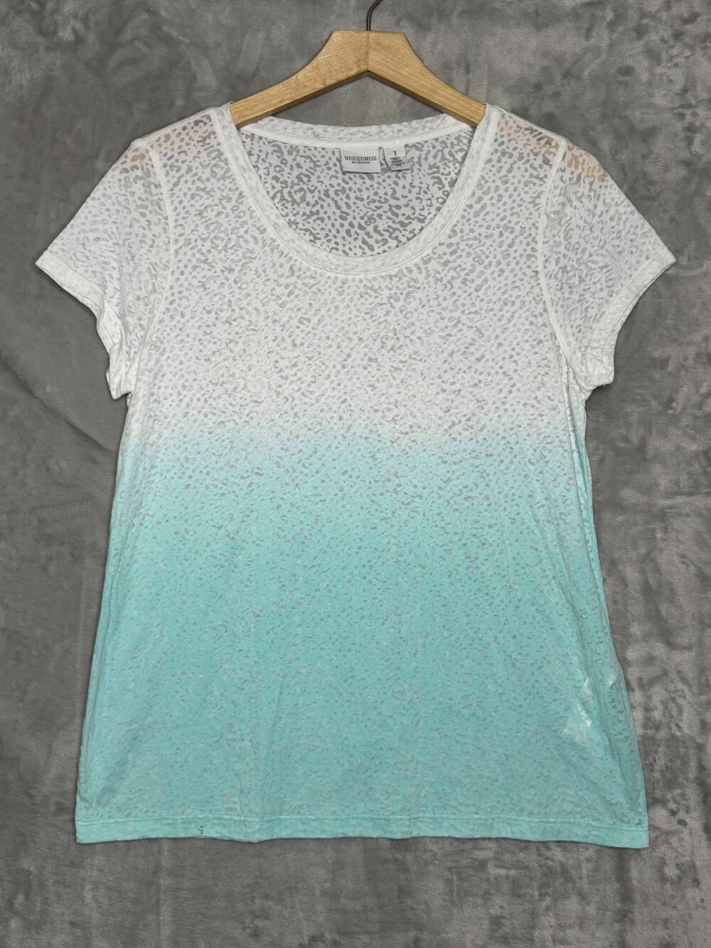 Weekends by Chico's Top Womens Medium White Blue Leopard Burnout Short Sleeve